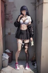 ai_generated alley alleyway black_fingernails black_jacket black_skirt cum_drip cum_inside cum_on_leg dirty earrings fishnet_bra fishnet_stockings holding_money hooker hyuuga_hinata lollipop naruto naruto_(series) naruto_shippuden pink_shoes prostitute prostitution purple_hair torn_stockings white_bra white_panties whore