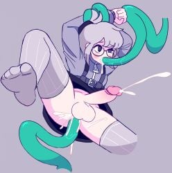 amaruu anal anal_sex balls blush bodily_fluids clothing cum cum_in_ass cum_in_mouth cum_inside ejaculation eyewear feet femboy foot_focus footwear genital_fluids genitals glasses green_tentacles grey_background grey_clothing grey_footwear grey_hair grey_socks hair hi_res humanoid humanoid_genitalia humanoid_penis legwear looking_pleasured male oral oral_penetration penetration penis questionable_consent simple_background socks spiral_eyes tentacle tentacle_creature tentacle_in_ass tentacle_in_mouth tentacle_penetration thigh_highs wrapped_up zipper