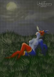 absurd_res anthro bandai_namco blue_body breasts clothing digimon digimon_(species) female flamedramon grass_field hi_res legwear light moonlight nipples public public_nudity red_eyes solo thigh_highs tongue tongue_out touching_grass undotheory