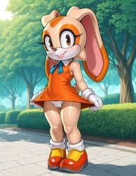 ai_generated animal_ears anthro brown_eyes brown_nose bunny bunny_ears bunny_girl bunny_tail cameltoe clothed clothing cream_fur cream_the_rabbit detailed_background dress dress_lift eyelashes female female_focus female_only female_solo flat_chest floppy_ears fur furry gloves grass highres lagomorph leporid lips looking_at_viewer mammal orange_dress orange_fur outdoors panties park plant sega shoes sleeveless smile solo sonic_(series) standing tail tree underwear white_fur white_gloves white_panties