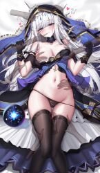 absurdres adina_savic bare_shoulders black_gloves black_panties black_survival black_thighhighs black_veil blue_dress blue_eyes blue_veil blush breasts cleavage clenched_teeth commission disembodied_hand dress eternal_return:_black_survival female fingering fingering_through_clothes gloves groping hand_on_another's_stomach hand_on_another's_thigh hands_up heart highres lilac_(k32420276) long_hair looking_at_viewer lying medium_breasts navel no_bra nose_blush on_back orb panties panty_pull pixiv_commission pussy_juice skindentation solo spaghetti_strap stomach string_panties teeth thighhighs thighs through_clothes underwear veil very_long_hair white_hair
