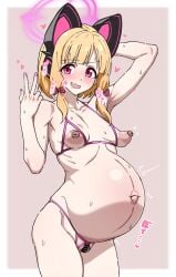 animal_ear_headphones animal_ears bar_censor big_belly blonde_hair blue_archive bow breasts cat_ear_headphones cat_ears censored collarbone commentary fake_animal_ears female hairbow halo headphones large_areolae mitsuame_miiro momoi_(blue_archive) navel nipples nude pink_bow pink_eyes pink_halo pink_nails pregnant pussy small_breasts solo sweat w