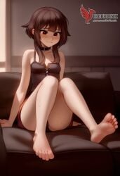 1girls 2d ai_generated ass back bare_shoulders barefoot big_ass bra brown_hair collar erophoenix female female_focus full_body kono_subarashii_sekai_ni_shukufuku_wo! long_hair looking_at_viewer megumin pale_skin pale_skinned_female panties patreon_username red_eyes short_hair sitting small_breasts smile soles solo thick thick_thighs uncensored underwear