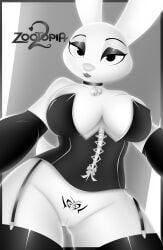 absurd_res anthro armwear breas breasts clothing disney female genitals hi_res invalid_tag judy_hopps lagomorph legwear leporid mammal monochrome panties pose pussy rabbit solo stockings underwear wizard1997 zootopia