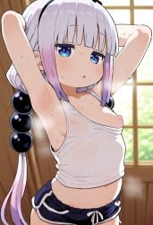 armpit armpit_fetish armpits arms_up artist_request blue_eyes blush breasts breasts_out kanna_kamui multicolored_hair one_breast_out short_shorts shorts small_breasts steam steaming_body sweat sweatdrop sweating tank_top