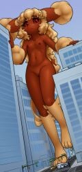 :3 alloyrabbit animal_ears animal_feet animal_nose barefoot black_sclera blonde_hair body_fur brown_fur bus city cleft_of_venus closed_mouth collarbone colored_sclera commentary completely_nude dutch_angle english_commentary female flat_chest full_body furry furry_female giant giantess groin hands_up happy highres large_variant_set leg_up legs long_hair looking_at_viewer lopunny motor_vehicle navel nipples nude outdoors pokemon pokemon_(creature) pussy rabbit_ears rabbit_girl rabbit_tail red_eyes road short_tail sidelocks smile solo standing standing_on_one_leg stomach tail thighs two-tone_fur uncensored v-shaped_eyebrows variant_set wavy_hair yellow_fur