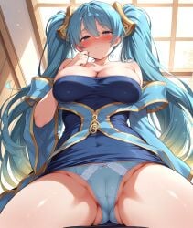 ai_generated aqua_hair bare_shoulders big_breasts big_thighs blue_dress blue_eyes blue_hair blue_panties blush breasts collarbone dress hair hair_between_eyes hair_ornament half-closed_eyes large_breasts laying_down long_hair low_neckline multicolored_hair nose_blush off_shoulder panties shy sona_buvelle strapless twintails wet_body wet_pussy