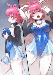 after_transformation anthro armwear ass big_butt blue_clothing blue_leotard bodily_fluids breast_expansion breast_grab breasts claws clothing collar crying detached_sleeves drooling expansion fan_character female fur gender_transformation grabbing_genitals hair hand_on_breast hi_res lagomorph leotard leporid mammal mtf_transformation open_mouth pink_hair rabbit rabbit_ears red_eyes saliva scut_tail shocked short_tail solo species_transformation sweat sweatdrop tail tears toribako transformation white_body white_fur