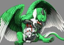 animal_genitalia avian balls beak black_horn black_knot black_pawpads black_penis bodily_fluids canid duo erection feathers feral genital_fluids genitals green_body green_feathers gryphon horn knot male male/male mammal mythological_avian mythological_creature mythology pawpads penis pink_penis precum sheath size_difference venlightchaser white_body white_feathers
