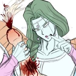 alien black_nails blood_splatter cum cum_mixed_with_blood cumshot dragonballz femboy fully_clothed gore green_hair humanoid_alien japanese_text jewelry long_eyelashes looking_at_viewer makeup squeezing stroking_penis teal_skin tongue_out uncensored yellow_eyes zarbon,