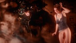 3d annoyed capcom casual clothing exposed_penis futanari human intersex jill_valentine jill_valentine_(sasha_zotova) monster nemesis_(resident_evil) pale_skin resident_evil resident_evil_3 resident_evil_3_remake scamarai shirt shirt_only tired
