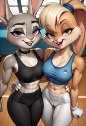 abs absurd_res ai_generated anthro arm_around_waist black_lips black_lipstick blush bodily_fluids bottomwear bra breast_squish breasts camel_toe choker cleavage clothed clothing disney duo ears_up embrace female female/female gloves goth gym handwear hi_res inside jewelry judy_hopps lagomorph leporid lips lipstick lola_bunny looking_at_viewer looney_tunes makeup mammal muscular muscular_female necklace nipple_outline open_mouth pants pose rabbit smile sports_bra squish sweat sweaty_body sweaty_breasts sweaty_face tight_clothing underwear yoga_pants zootopia