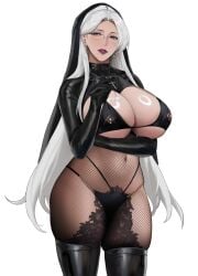 alios_arvin black_bra black_gloves black_panties black_sleeves bodystocking bra breasts chinese_commentary commentary_request covered_navel cowboy_shot earrings female fishnet_bodystocking fishnets framed_breasts glasses gloved_sleeves gloves heart heart_earrings highres huge_breasts jewelry long_hair mature_female mole mole_under_mouth navel nun original panties purple_lips rectangular_eyewear rimless_eyewear simple_background solo underwear very_long_hair white_background white_hair