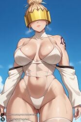 1female 1girls 2025 ai_generated artist_name ass_visible_through_thighs bare_shoulders big_ass big_breasts blonde_hair blue_sky blush breasts closed_mouth collarbone covered_eyes cowboy_shot curvy day detached_sleeves enen_no_shouboutai facing_viewer fire_force hair_bun haumea_(enen_no_shouboutai) haumea_(fire_force) hi_res high_quality high_resolution highleg highres huge_ass huge_breasts large_breasts lips looking_at_viewer navel panties patreon patreon_username single_hair_bun sky solo sweat tattoo thick_thighs thighhighs thighs underwear unjobdespiert watermark white_thighhighs