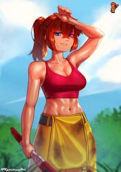 big_breasts blue_eyes clothing dirty_clothing female kamiruu_(artist) looking_at_viewer mechanic_(terraria) outdoors outside re-logic red_hair redhead_female shiny_skin smile smiling_at_viewer sweat sweating sweaty sweaty_body tanline terraria toned toned_female watermark wrench