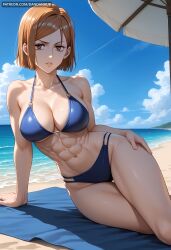 abs ai_generated arm_support bangs bare_shoulders beach beach_towel beach_umbrella bikini blue_bikini blue_sky breasts brown_eyes brown_hair cleavage cloud collarbone dandanhub day female hand_on_hip jujutsu_kaisen kugisaki_nobara large_breasts looking_at_viewer muscular muscular_female navel nobara_kugisaki ocean outdoors parted_lips sand short_hair sitting sky solo stomach swimsuit thigh_gap thighs toned towel umbrella