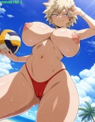 1girls ai_generated ball beach big_breasts bikini bikini_bottom bikini_bottom_only blonde_hair boku_no_hero_academia breasts exhibitionism female female_focus female_only holding_object hourglass_figure huge_breasts in_water looking_away looking_to_the_side mature mature_female milf mitsuki_bakugou my_hero_academia nipples panda_ai partially_submerged red_eyes seaside short_hair smile solo solo_focus swimsuit topless topless_female uncensored volleyball volleyball_(ball) voluptuous water watermark wristwatch