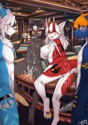 after_sex anthro anus areola ass big_breasts blush bodily_fluids breasts cum dragon dragon_enigma female fur genital_fluids genitals hair hi_res horn male mythological_creature mythological_scalie mythology nipples nude penis pussy scalie smile wolflong wolflong_(character)
