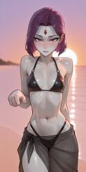 1girls ai_generated beach bikini blush dc dc_comics grey_skin horny perfect_body pointing purple_eyes purple_hair raven_(dc) sarong see-through sexy skimpy_bikini small_breasts solo suggestive sunset sweat teen_titans