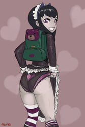 1girls aka6 annie_hastur ass backpack black_and_pink_panties black_hair black_panties clothing dress_lift eyeshadow female goth goth_annie league_of_legends lipstick maid maid_headdress makeup panties picot_trim picot_trim_panties purple_eyes short_hair skirt skirt_lift smile socks thighhighs