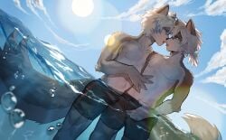 absurd_res anthro black_nose bodily_fluids brown_body brown_fur bulge canid canine canis claws clothed clothing duo erection erection_under_clothing finger_claws fluffy fluffy_tail fur grey_body grey_fur grey_hair hair hi_res kemono keyijiaowoayuan kissing male male/male mammal multicolored_body multicolored_fur nipples outside pointy_ears saliva saliva_string self_grope swimming_trunks swimwear tail topless topless_male two_tone_body two_tone_fur water white_body white_fur wolf