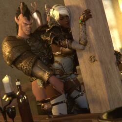 1boy 1girls armor armored_male bdo black_desert black_desert_online brown_skin clothed_sex dark_elf deer_antlers deer_ears deer_humanoid ear_ring elf female garter_straps hand_on_thigh head_grab head_ornament implied_sex male minidress mohawk npc panties_down player_character pointy_ears ranger_(black_desert) thigh_high_boots white_hair