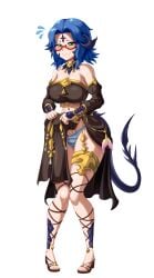arm_wraps au_ra balls barbed_tail black_bustier black_dress blue_hair blue_striped_panties blush dress_lift embarrassed final_fantasy final_fantasy_xiv futa_only futanari glasses green_eyes horns leg_wraps lynette_bishop(final_fantasy_xiv) oc panty_bulge penis penis_poking_out sandals shimapan solo_futa square_enix tail xaela
