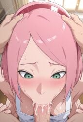 1boy 1girls accurate_art_style ai-created ai_generated apron apron_only bangs bed_sheet blowjob blush bodily_fluids boruto:_naruto_next_generations breasts clothing completely_nude facial_mark fellatio female forehead_mark green_eyes hairband headwear high_resolution indoors large_breasts looking_at_viewer male male_pov mature mature_female medium_breasts milf naked_apron naruto nipples nude on_bed oral parted_bangs penis pink_hair pov red_hairband sakura_haruno saliva sex short_hair small_breasts solo_focus straight sweat upper_body