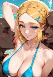 2boys 2boys1girl ai_generated armpit_crease bikini blush chocopizza_style dark-skinned_male imminent_sex large_breasts licking_armpit looking_at_viewer older_male older_male_and_younger_female princess_zelda seductive_smile zelda_(tears_of_the_kingdom)