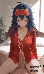 1boy 1boy1girl 1female 1female1male 1girls 1male ai_generated artifox athletic_male balls bed bedroom big_cock big_dick big_penis blue_hair bubbles closed_eyes cock cowgirl_position cum cum_shot cum_stream cumming cumming_outside dark-skinned_male dick female hi_res high_quality high_resolution highres long_hair miside mita_(miside) no_panties pale-skinned_female penis pillows red_shirt red_topwear sleep_bubble sleep_mask sleeping sleepy_mita_(miside) small_breasts small_tits spread_legs testicles thick_thighs uncensored watermark