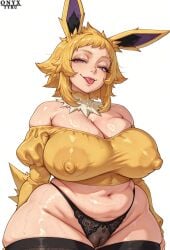 1girls ai_generated bbw blonde_hair cameltoe chubby chubby_female curvy eeveelution female huge_breasts jolteon lingerie looking_at_viewer mature mature_female milf nintendo onyx_tyru panties personification plump pokemon smile solo thick_thighs tongue_out voluptuous wide_hips