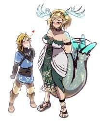 1boy 1girls big_breasts bigger_female blonde_hair blush breasts clothed dragon_girl dragon_horns dragon_tail dragon_zelda dress heart_symbol horn larger_female link looking_at_another nintendo pointy_ears princess_zelda short_hair tail taller_female tears_of_the_kingdom the_legend_of_zelda thick_thighs xendrawsthings zelda_(tears_of_the_kingdom)