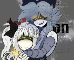 1female 1futa 1futa1girl ceo cuddle cyn_(murder_drones) exausted frown futanari hand_on_head hands_behind_head hug j_(murder_drones) loving_look murder_drones small_breasts smile smiling smiling_at_partner text u_nkno3ngrounds