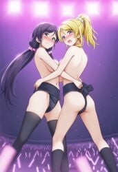 2girls ai_generated ayase_eli bed blanket blush blush blush_lines breasts breasts_pressed_against_partner catfight completely_nude couple fans female fudonshi highres looking_at_another love_live! love_live!_school_idol_project multiple_girls nipples nude on_bed open_mouth pillow ponytail sumo sumo_wrestling toujou_nozomi yuri