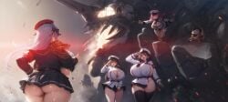 6girls ai_assisted ai_generated alitonx belt belt_buckle beret climbing crawling epaulettes floating from_below giant_monster gigantic_breasts hand_on_hip happy huge_ass mecha medal military_uniform miniskirt multiple_girls mygo!!!!!_(bang_dream!) necktie oiled on_ground open_mouth peaked_cap plump reaching_towards_viewer running salute sharp_teeth side_slit skirt_tug spread_arms steam thick_thighs thighhighs thumbs_up togawa_sakiko