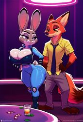 1boy 1girls ai_generated anthro big_ass big_breasts civitai cleavage couple fox fox_tail fully_clothed furry huge_breasts indoors judy_hopps nick_wilde nightclub rabbit rabbit_ears rabbit_tail smug standing tagme thick_thighs tie totallynotafurry789 voluptuous wide_hips zootopia