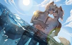 absurd_res anthro balls black_nose bodily_fluids brown_body brown_fur canid canine canis claws closed_eyes clothed clothing duo erection finger_claws fluffy fluffy_tail fur genitals grey_body grey_fur grey_hair hair hi_res humanoid_genitalia kemono keyijiaowoayuan kissing male male/male mammal multicolored_body multicolored_fur nipples outside penis pointy_ears saliva saliva_string swimming_trunks swimwear swimwear_down tail topless topless_male two_tone_body two_tone_fur water white_body white_fur wolf