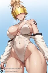 1female 1girls 2025 ai_generated artist_name ass_visible_through_thighs bare_shoulders big_ass big_breasts blonde_hair blue_background blush breasts cameltoe cleavage closed_mouth covered_eyes covered_navel cowboy_shot curvy enen_no_shouboutai fire_force from_below gradient gradient_background hair_bun haumea_(enen_no_shouboutai) haumea_(fire_force) hi_res high_quality high_resolution highleg highleg_leotard highres huge_ass huge_breasts large_breasts leotard looking_at_viewer muscular muscular_female patreon patreon_username single_hair_bun solo sweat tattoo thick_thighs thighs unjobdespiert watermark web_address white_leotard