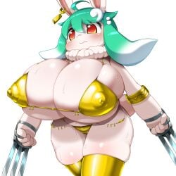 1:1 2025 4_fingers anthro big_breasts bikini blush bodily_fluids breasts camel_toe claw_(weapon) clothing digital_media_(artwork) ear_piercing female fingers fur gold_armlet gold_bikini gold_stockings green_hair hair hi_res lagomorph leporid mammal melee_weapon nipple_outline obikuragetyan piercing rabbit short_stack simple_background solo sweat swimwear tail two-piece_swimsuit weapon white_background white_body white_fur