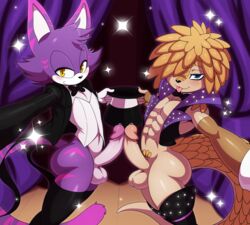 anthro ass balls cheshire_thaddeus_felonious clothed clothing duo erection eyeshadow feline femboy fur gay girly gloves hair legwear looking_at_viewer makeup male mammal pangolin pascal_(yggdrasill00) penis penis_touching pink_fur purple_fur scales smile sssonic2 stockings tongue top_hat wide_hips