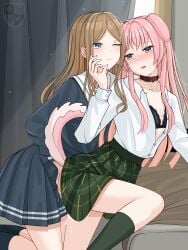 2girls absurdres animal_ears bang_dream! bang_dream!_it's_mygo!!!!! black_bra black_socks blue_shirt blue_skirt blush bra brown_hair chihaya_anon closed_mouth collar commentary_request dog_ears dog_girl dog_tail dress_shirt fffteam fingering green_skirt green_socks grey_hair haneoka_school_uniform highres kemonomimi_mode kneehighs long_hair long_sleeves looking_at_another multiple_girls nagasaki_soyo one_eye_closed open_mouth partially_unbuttoned pink_hair plaid_clothes plaid_skirt pleated_skirt pussy_juice red_collar saliva school_uniform shirt shirt_tucked_in sidelocks skirt smile socks tail tsukinomori_school_uniform underwear white_shirt yuri
