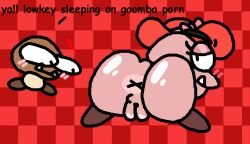 1female 1male admiring anus ass big_ass blush blush_lines brown_body clothing dialogue duo english_text eyelashes eyeliner female genitals glistening glistening_ass goomba goombette hat headgear looking_at_another looking_back looking_surprised makeup male mario_(series) meme monster nintendo non-human nxyitn pink_body presenting presenting_ass pussy shitpost super_mario_odyssey teeth text x_anus