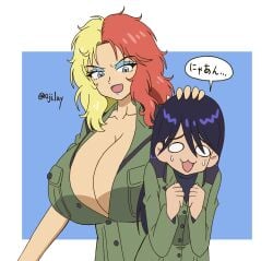 10_ji_lay 2girls :3 absurd_res absurdres age_difference bbw big_breasts bimbo blonde_hair blue_eyes blue_hair blue_lips blue_lipstick boobs boobs_bigger_than_head boobs_out breasts breasts_bigger_than_head breasts_out busty chara_soon chibi cleavage clothed clothing crossover cute dialogue eyelashes eyeshadow female female/female female_focus female_only gundam gundam_gquuuuuux gundam_zz hand_on_head height_difference hi_res high_resolution highres huge_breasts inner_sideboob jacket japanese_text large_breasts lips lipstick long_hair makeup mature mature_female milf mobile_suit_gundam nyaan_(gundam_gquuuuuux) older_female older_female_and_younger_female open_mouth oppai red_hair skimpy skimpy_clothes speech_bubble standing teen teen_girl teenage_girl teenager text translation_request very_high_resolution yellow_hair younger_female