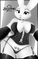 absurd_res anthro armwear breas breasts clothing disney female hi_res invalid_tag judy_hopps lagomorph legwear leporid mammal monochrome panties pose rabbit solo stockings underwear wizars1997 zootopia
