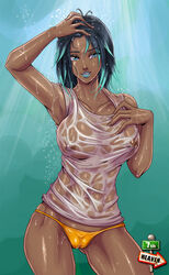 7th-heaven altera aqua_eyes aqua_hair ass_visible_through_thighs black_hair breasts dark-skinned_female dark_skin eyeshadow female female_only final_fantasy final_fantasy_xiv hyur lipstick looking_at_viewer makeup nipples panties see-through short_hair smile solo two_tone_hair underwear wet_clothes wet_shirt yellow_panties