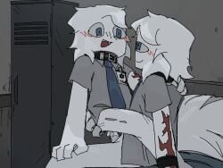 2boys 2d 2d_(artwork) anal_sex bed blush bottomless clone collar from_front_position gay happy lube male male_only mastery_position original_character roblox roblox_avatar scar self_upload selfcest smile white_skin yawned_beef