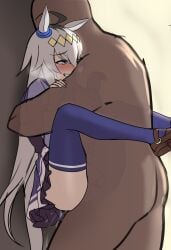 1boy 1girls absurdres against_wall ahoge animal_ears clothed_female_nude_male clothed_sex dark-skinned_male dark_skin ear_ornament female grey_hair grey_tail highres horse_ears horse_girl horse_tail interracial leg_lock lifting_person light-skinned_female light_skin male multicolored_hair nude oguri_cap_(umamusume) purple_shirt sailor_collar sailor_shirt school_uniform sex shirt straight suspended_congress tail tracen_school_uniform ugohato umamusume unfinished