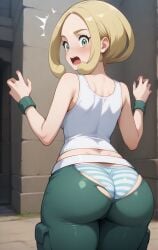 1girls ai_generated ass big_ass blonde_hair bubble_butt cargo_pants exposed_panties green_eyes green_pants huge_ass looking_back panties pokemon pokemon_(game) pokemon_xy ripped_pants shocked short_hair sleeveless solo striped_panties tight_pants underwear viola_(pokemon) wardrobe_malfunction white_tank_top wristband