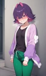 1futa ai_generated alleyway bangs black_shirt breasts clenched_teeth cowboy_shot cum cum_through_clothing cum_through_pants dot_(pokemon) ejaculation futa_only futanari green_pants hair_over_eyes hiding_erection jacket long_sleeves multicolored_hair open_clothes orgasm outdoors penis pigeon-toed pink_hair pokemon pokemon_(anime) pokemon_horizons purple_eyes purple_hair short_hair solo standing teeth trembling trembling_legs two-tone_hair upper_body