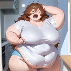absurd_res ai_generated bbw bbwsupremacy belly_overhang big_ass big_belly big_breasts breasts brown_hair busty chubby chubby_female closed_eyes curvy eepy fat female female_focus female_only huge_belly huge_breasts indoors kitchen large_breasts messy_hair morbidly_obese obese obese_female overweight panties scratching_head shirt sleepy solo ssbbw thick thick_thighs tired voluptuous voluptuous_female white_shirt wide_hips yawn yawning